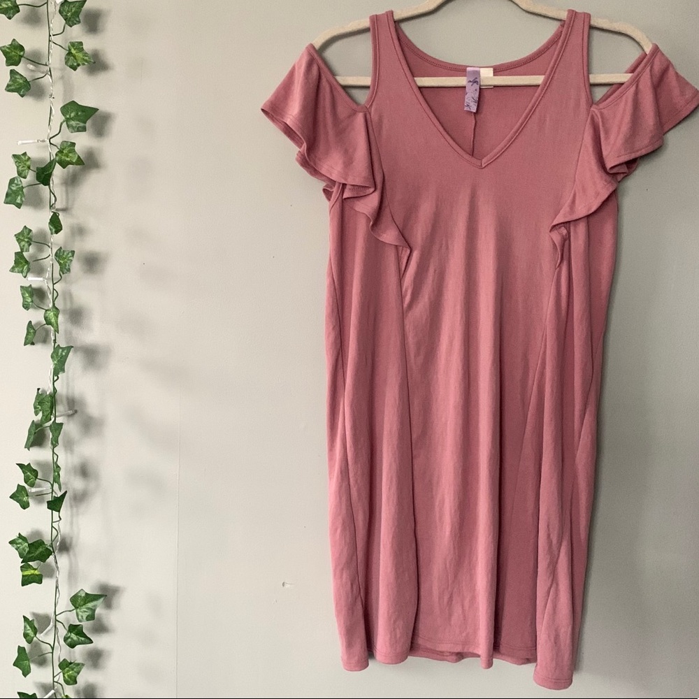 Francesca’s Alya Pink Ruffle Cold-Shoulder Dress